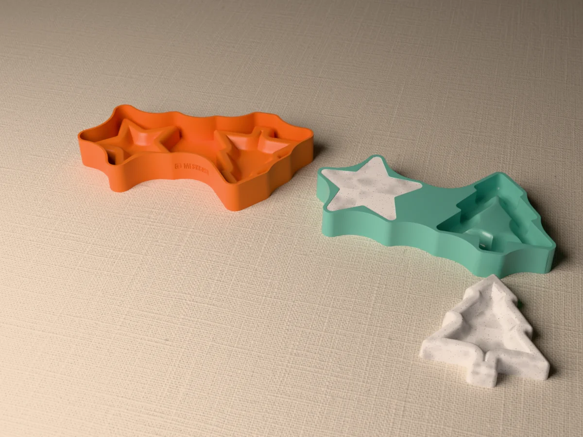 3D render of the printed caster for a Christmas tree and star trinket dish mold beside its silicone mold, with a white tree dish and star dish