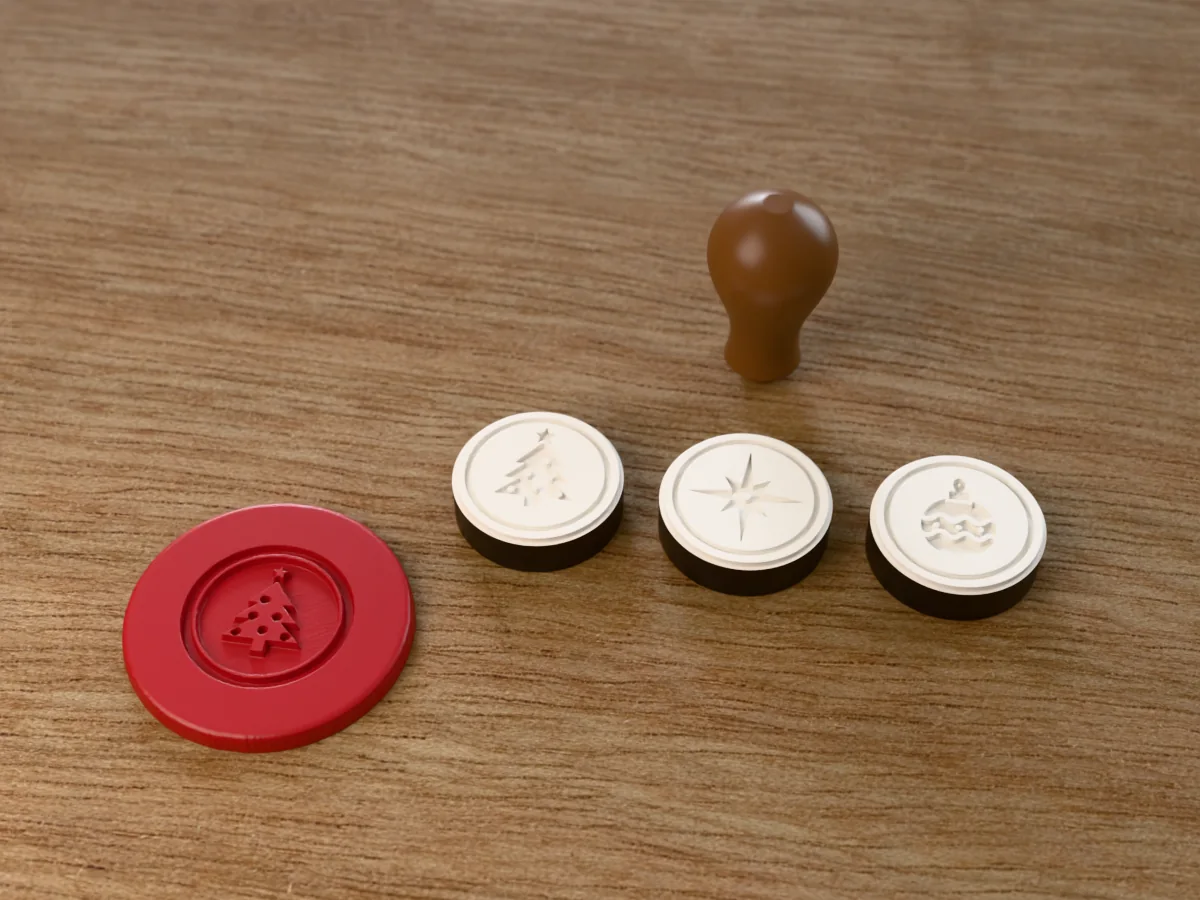 3D render of printed wax seal stamp plates with a Christmas tree, an eight-pointed Christmas star and a bauble, face up beside their brown handle, and a round wax seal pressed with a Christmas tree