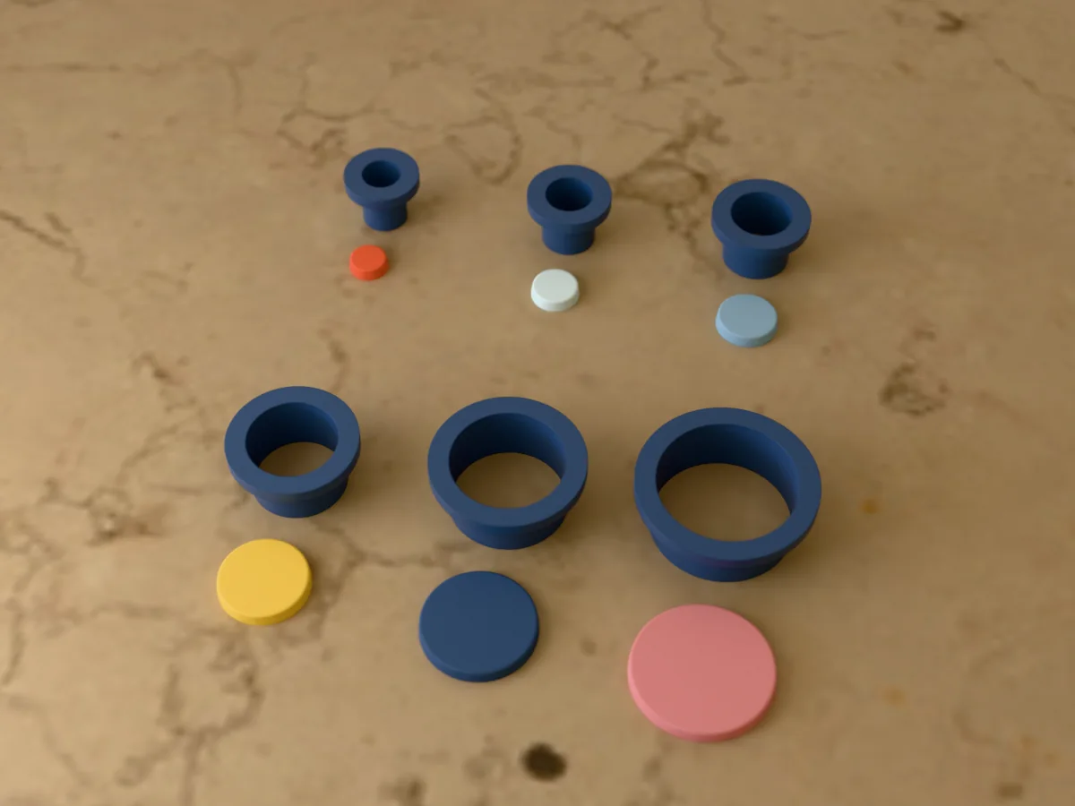 3D render of six 3D-printed blue polymer clay earring cutters (circle 10 mm, circle 12 mm, circle 15 mm, circle 20 mm, circle 25 mm and circle 30 mm) with the clay earring pieces they cut in front