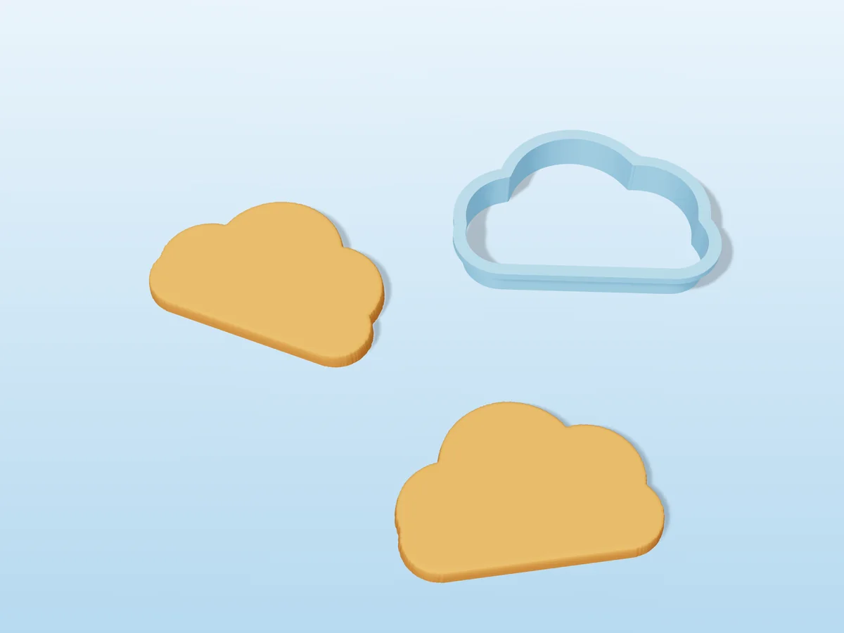 3D render of a sky blue 3D-printed cloud cookie cutter next to two golden baked cookies in the same shape