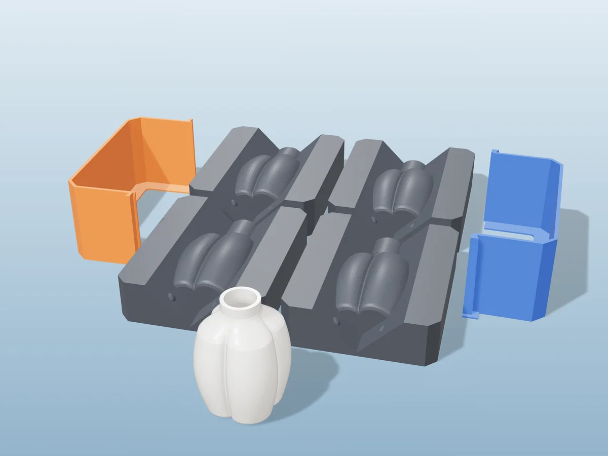3D render of four printed plaster-mold housings for a four-lobed cloud vase, orange and blue shells beside charcoal bases, with a white fired cloud vase in front