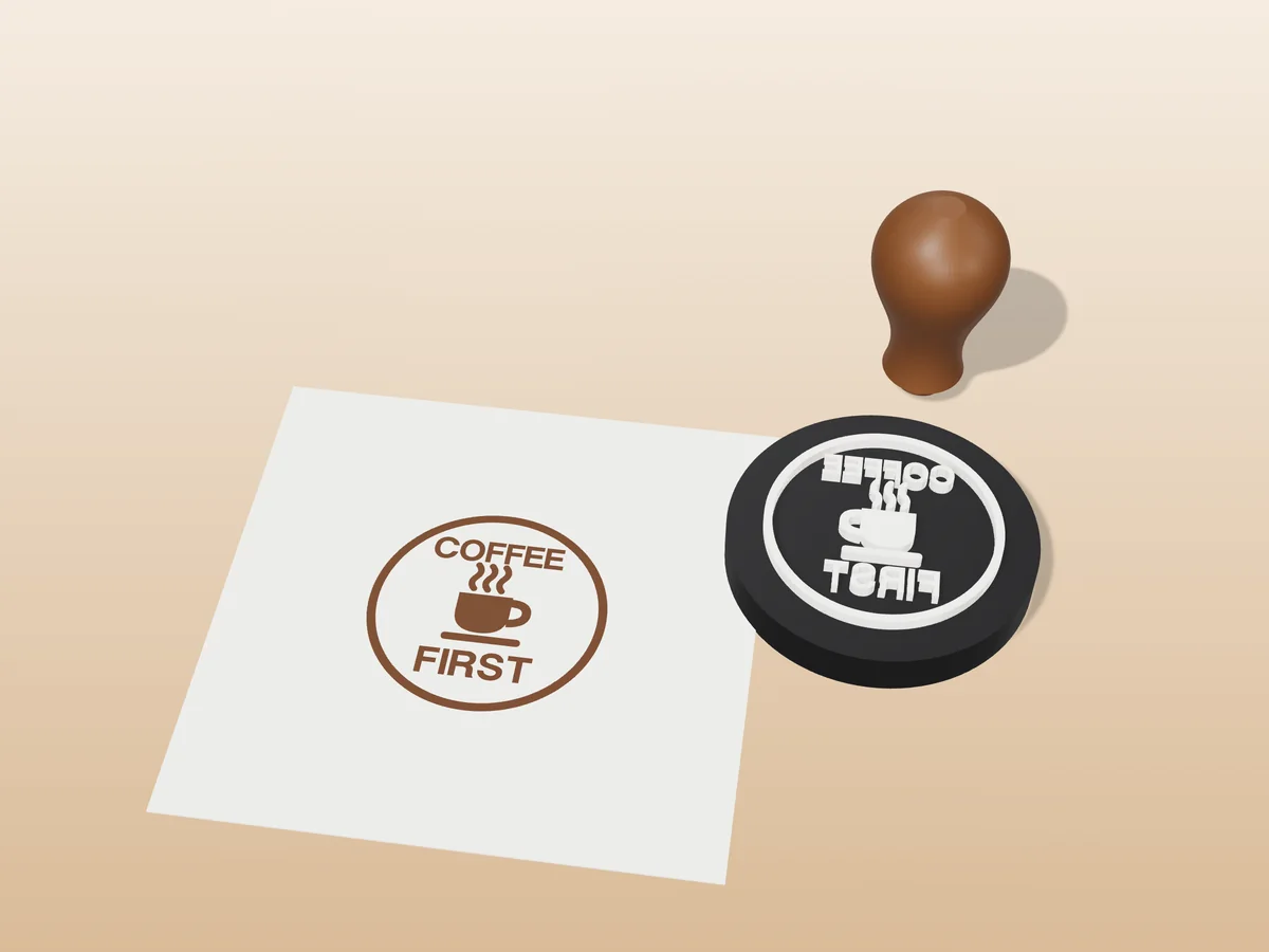 3D render of the printed coffee first stamp, face up next to its brown handle, and its brown ink print on a sheet of paper
