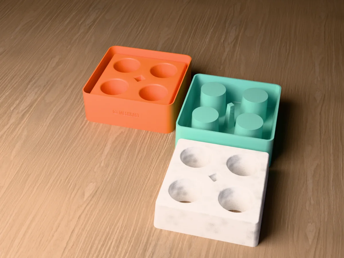 3D render of a printed caster beside a silicone breeze block mold, with a grey concrete breeze block with four round openings in front