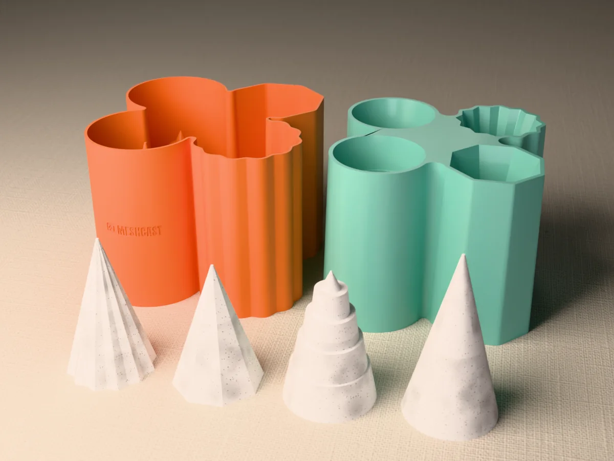3D render of a printed caster beside a silicone mold with four tree cavities, with four grey concrete Christmas trees standing in front: smooth, ribbed, stepped and faceted