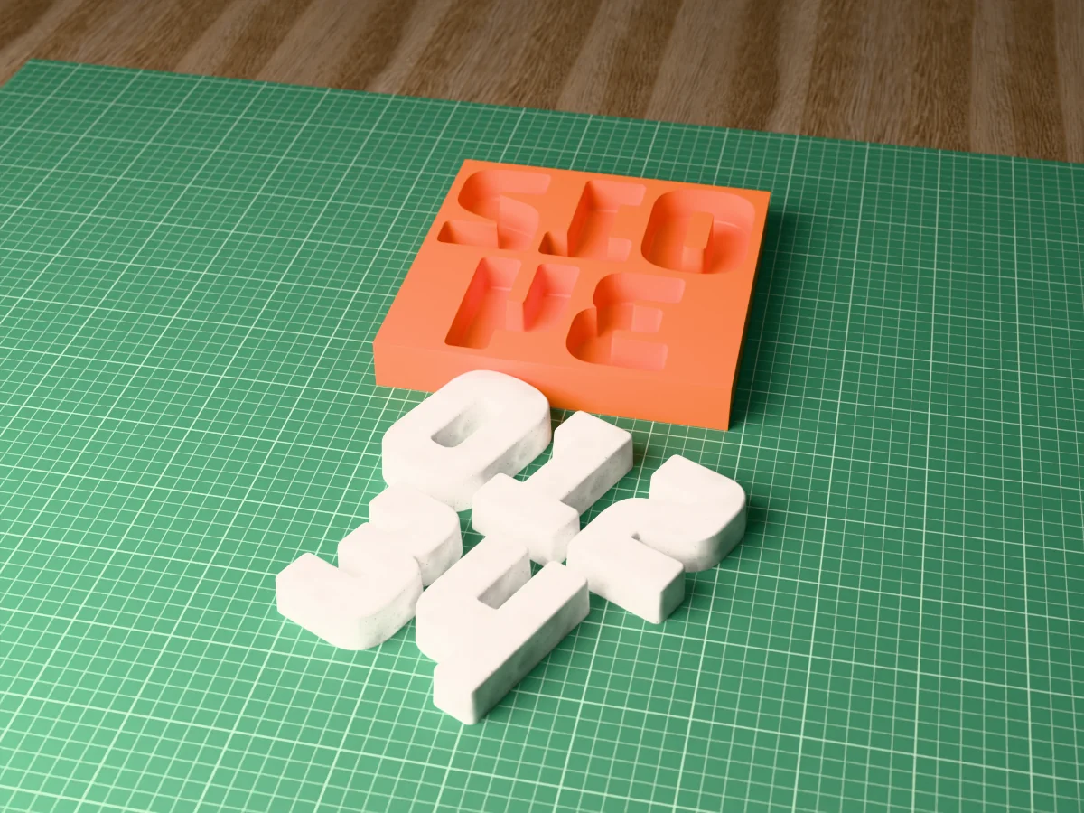 3D render of a printed orange tray with cavities for the house numbers 0, 1, 2, 3 and 4, with the grey concrete digits in front