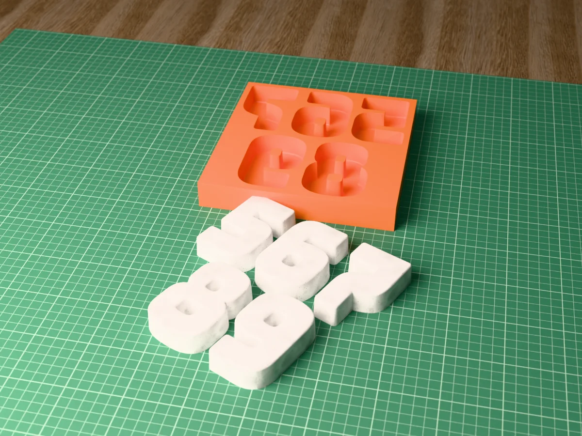 3D render of a printed orange tray with cavities for the house numbers 5, 6, 7, 8 and 9, with the grey concrete digits in front