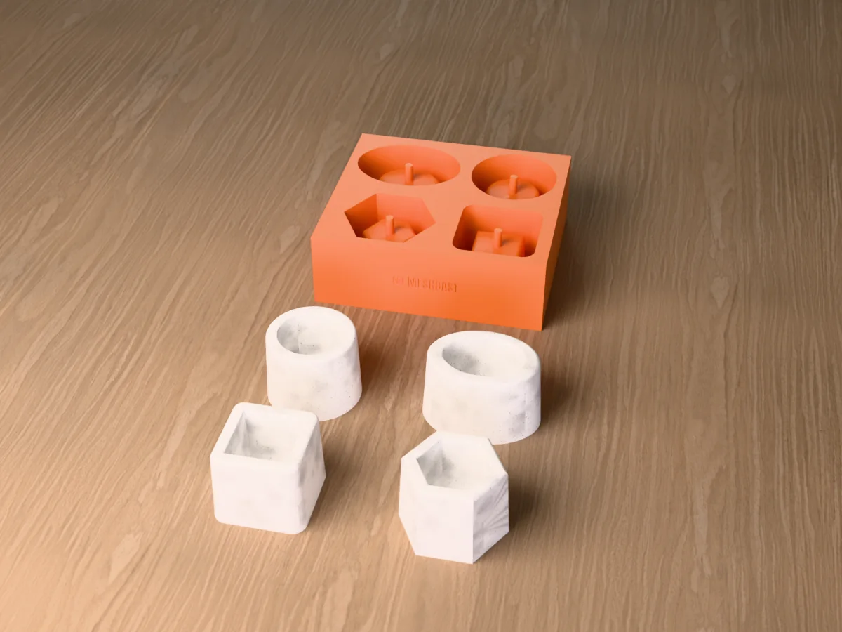 3D render of a printed tray with four pot cavities, oval, round, hexagon and square, each with a core and a drainage pin, with the four grey concrete succulent pots in front