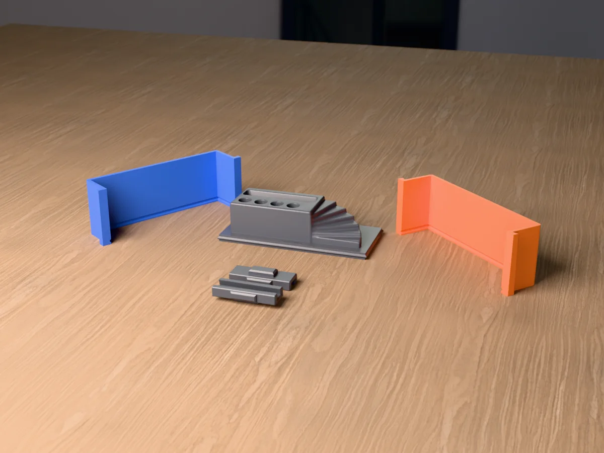 3D render of the concrete staircase desk organizer master, a block with four pen holes and a phone slot and a spiral stair at its end, fused on its printed charcoal base between the orange and blue walls