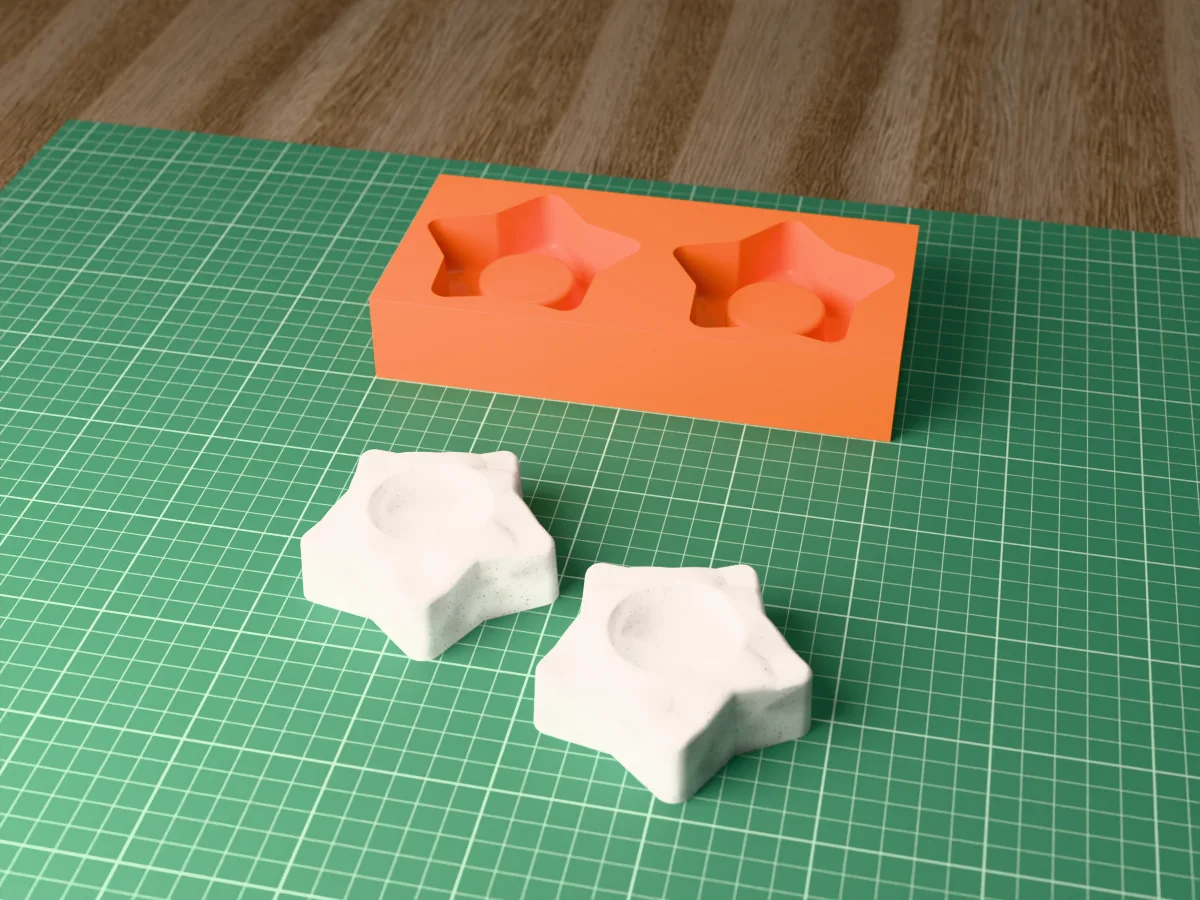 3D render of a printed orange tray with two star-shaped tealight holder cavities, with two grey faceted concrete star holders in front