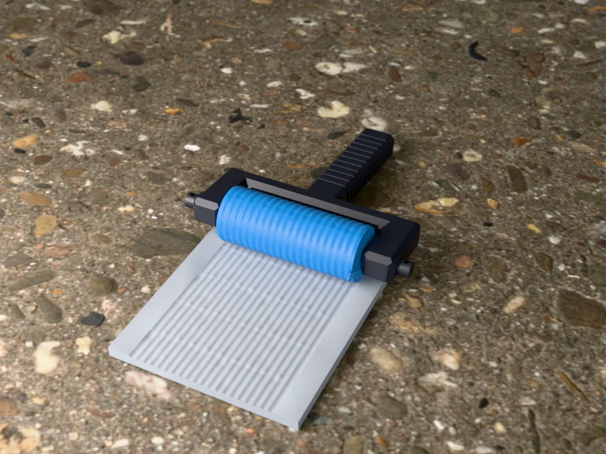 3D render of the printed corrugated metal texture roller in its dark fork handle, resting on a slab of clay it has pressed with corrugated sheet metal