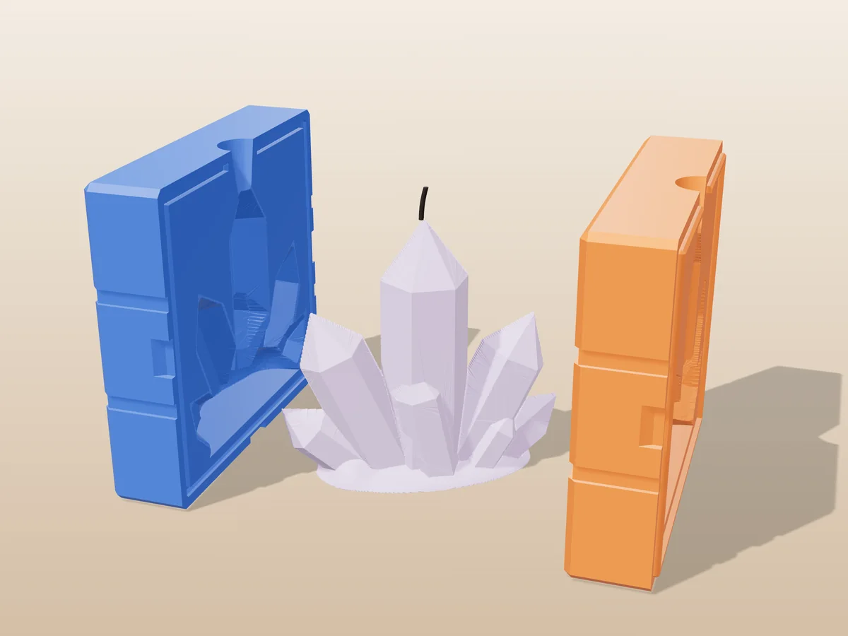 3D render of a lavender crystal cluster candle with pointed hexagonal crystals between the two printed halves of its rigid blue and orange mold