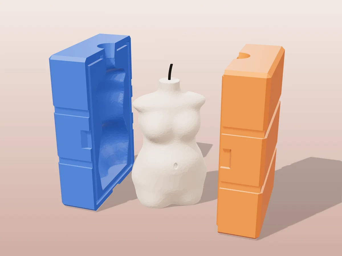 3D render of a nude-coloured curvy body torso candle between the two printed halves of its rigid blue and orange mold