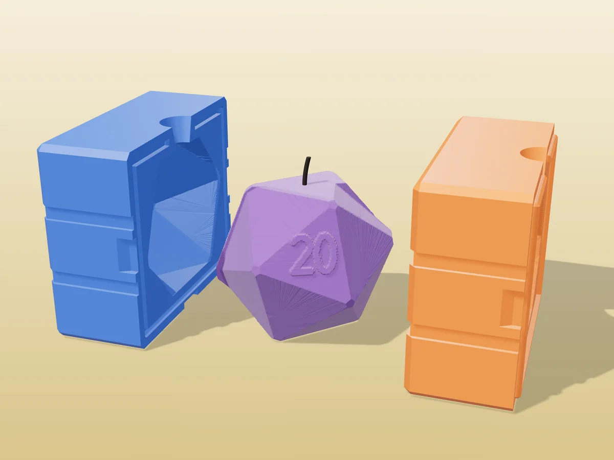 3D render of a purple d20 dice candle with a raised 20 between the two printed halves of its rigid blue and orange mold