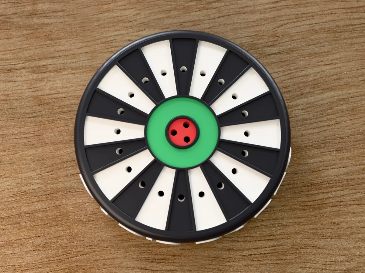 3D render of the DAD'S DARTS dart holder from straight above: the black and white dartboard face with a hole in every wedge, the green ring and the red bullseye with its three holes