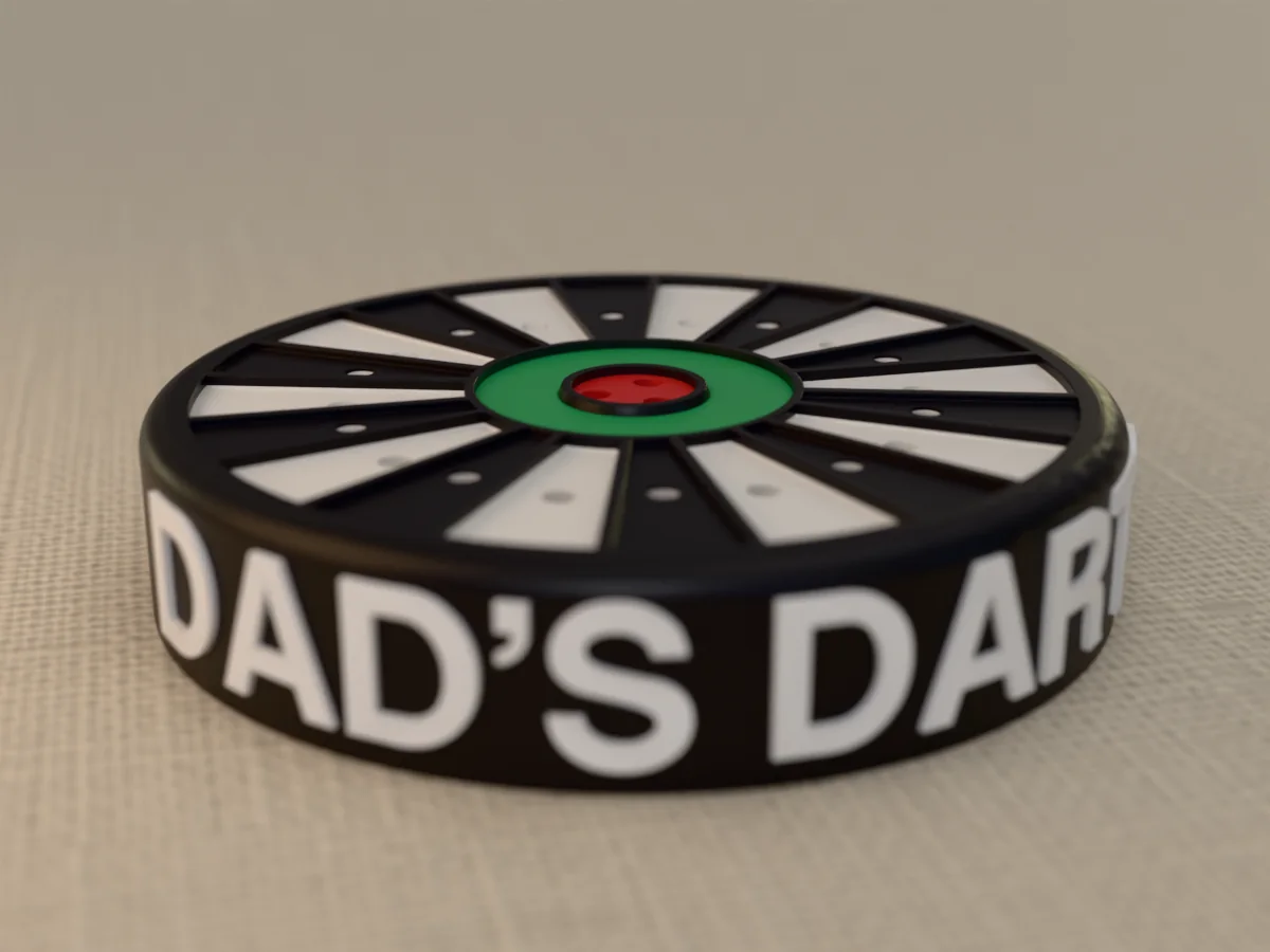 3D render, close view of the empty DAD'S DARTS dart holder, the name in raised white letters round the side of the black case