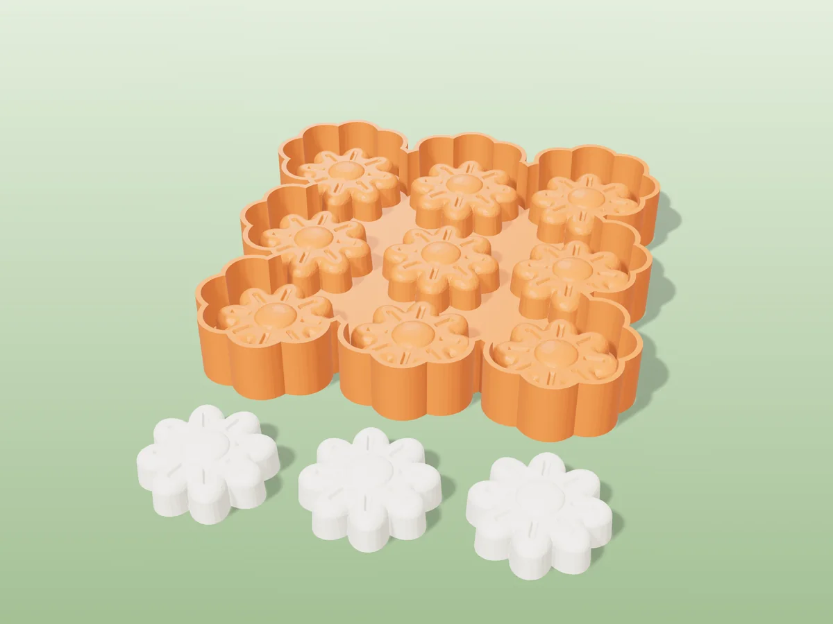 3D render of the printed caster for a nine-daisy silicone wax melt tray, with three white flower melts in front