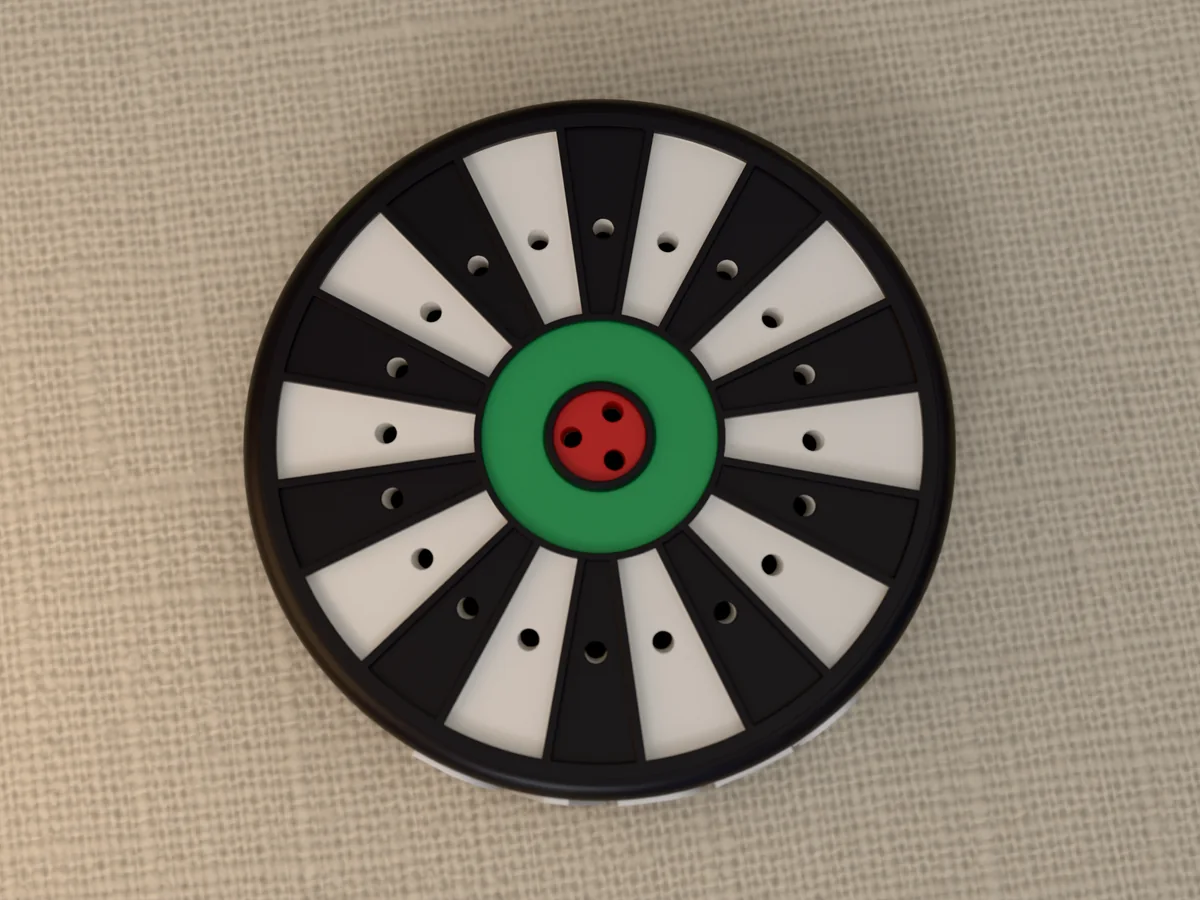 3D render of the DARTS dart holder from straight above: the black and white dartboard face with a hole in every wedge, the green ring and the red bullseye with its three holes
