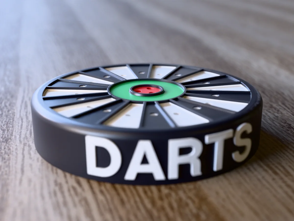 3D render, close view of the empty DARTS dart holder, the name in raised white letters round the side of the black case