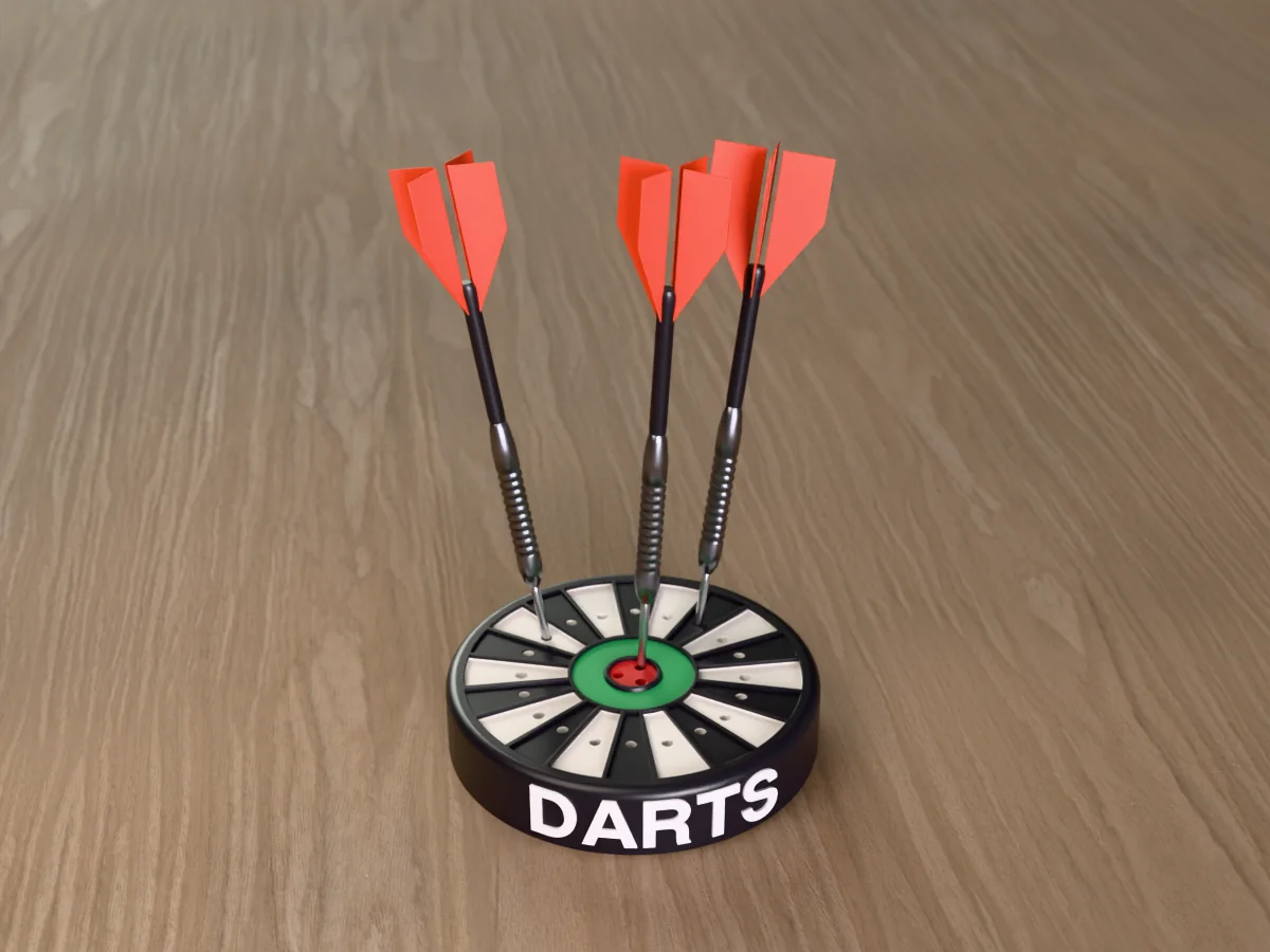 3D render of the printed personalized dart holder: a round black case with DARTS raised in white round its side, a black and white dartboard face with a green ring and red bullseye, and three darts standing in it