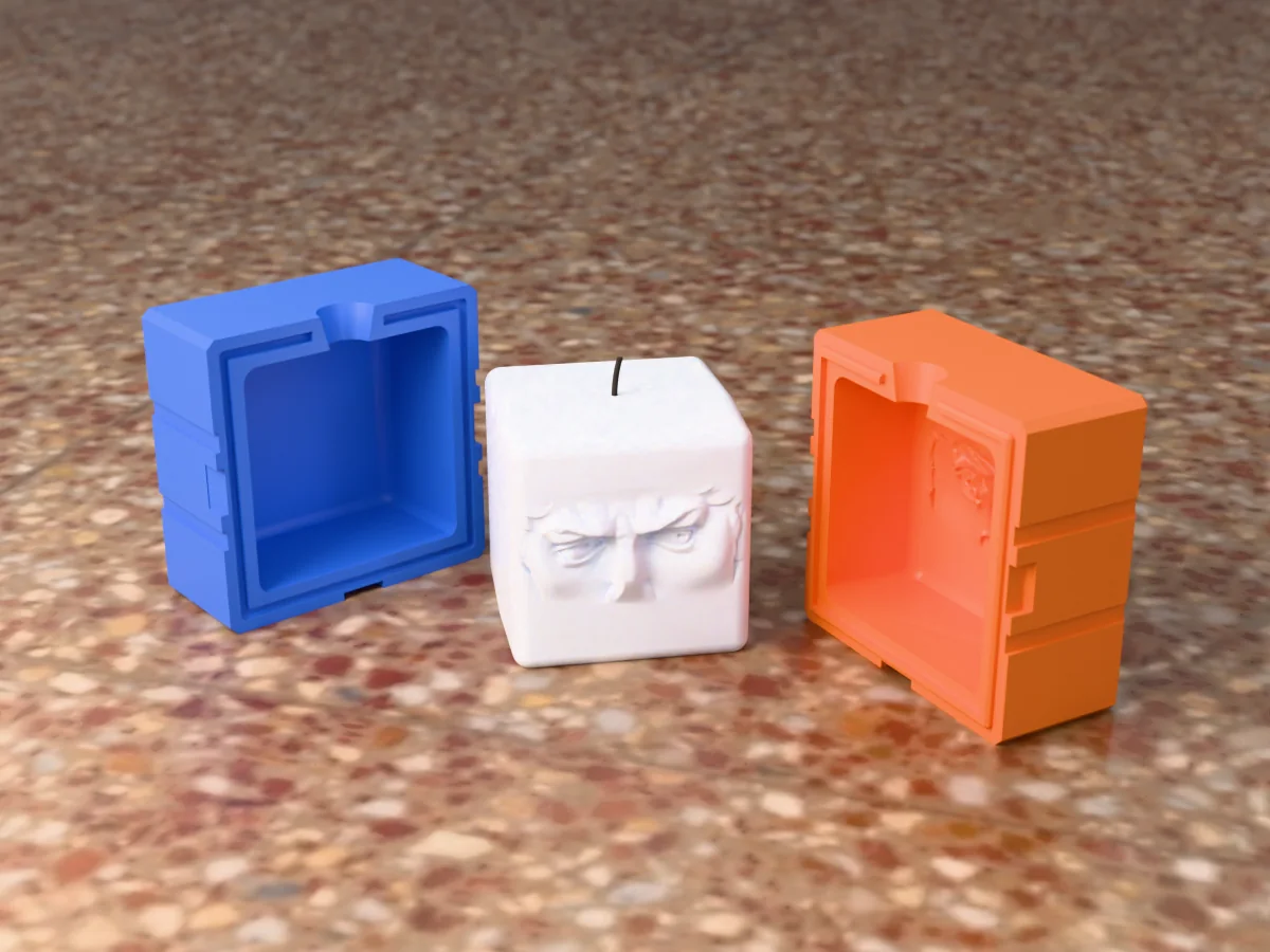 3D render of a white cube candle with the eyes and brows of Michelangelo's David in relief, between the two printed halves of its rigid blue and orange mold
