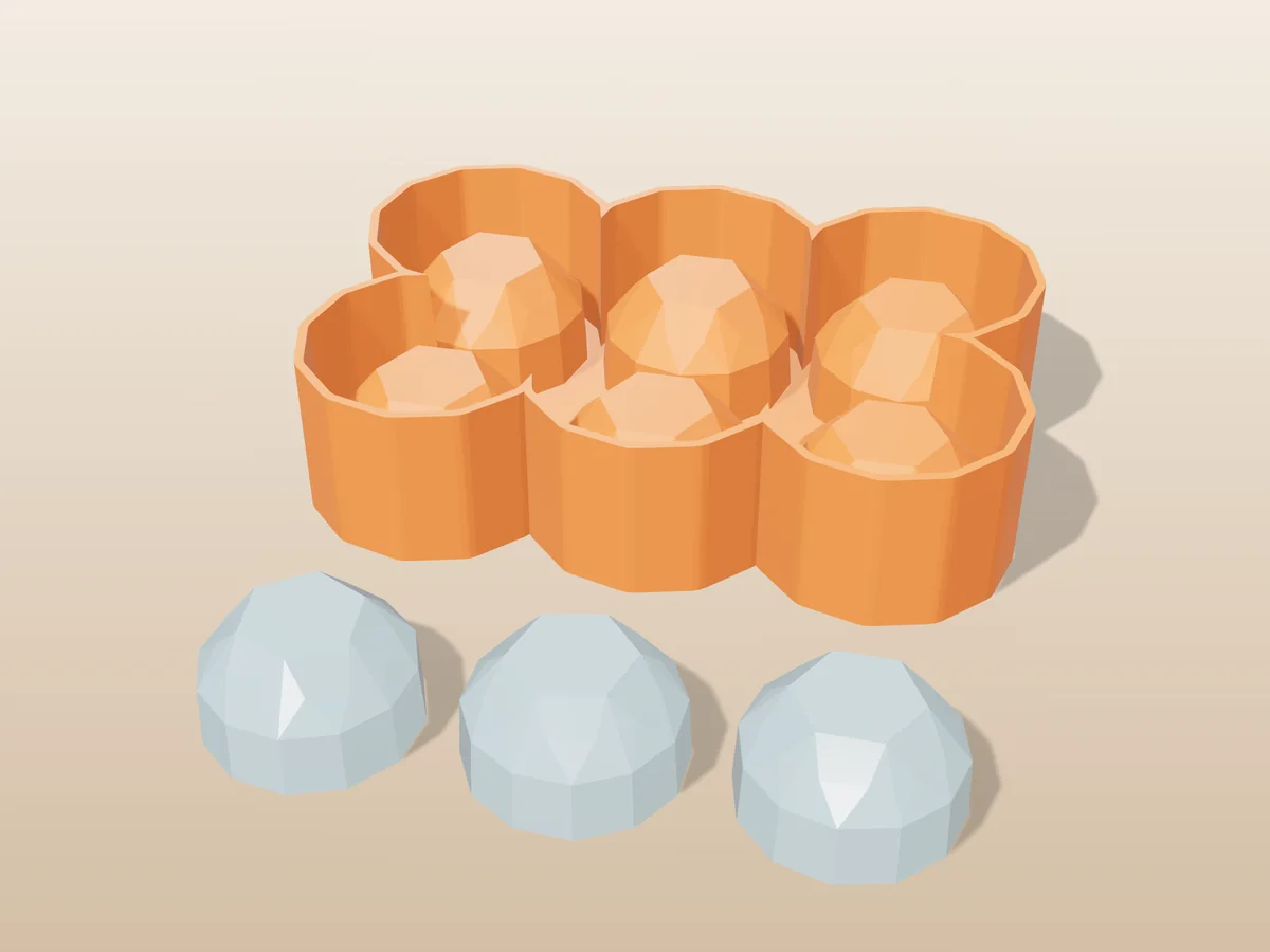 3D render of the printed caster for a six-cube silicone ice tray, with three pale blue brilliant-cut ice cubes in front