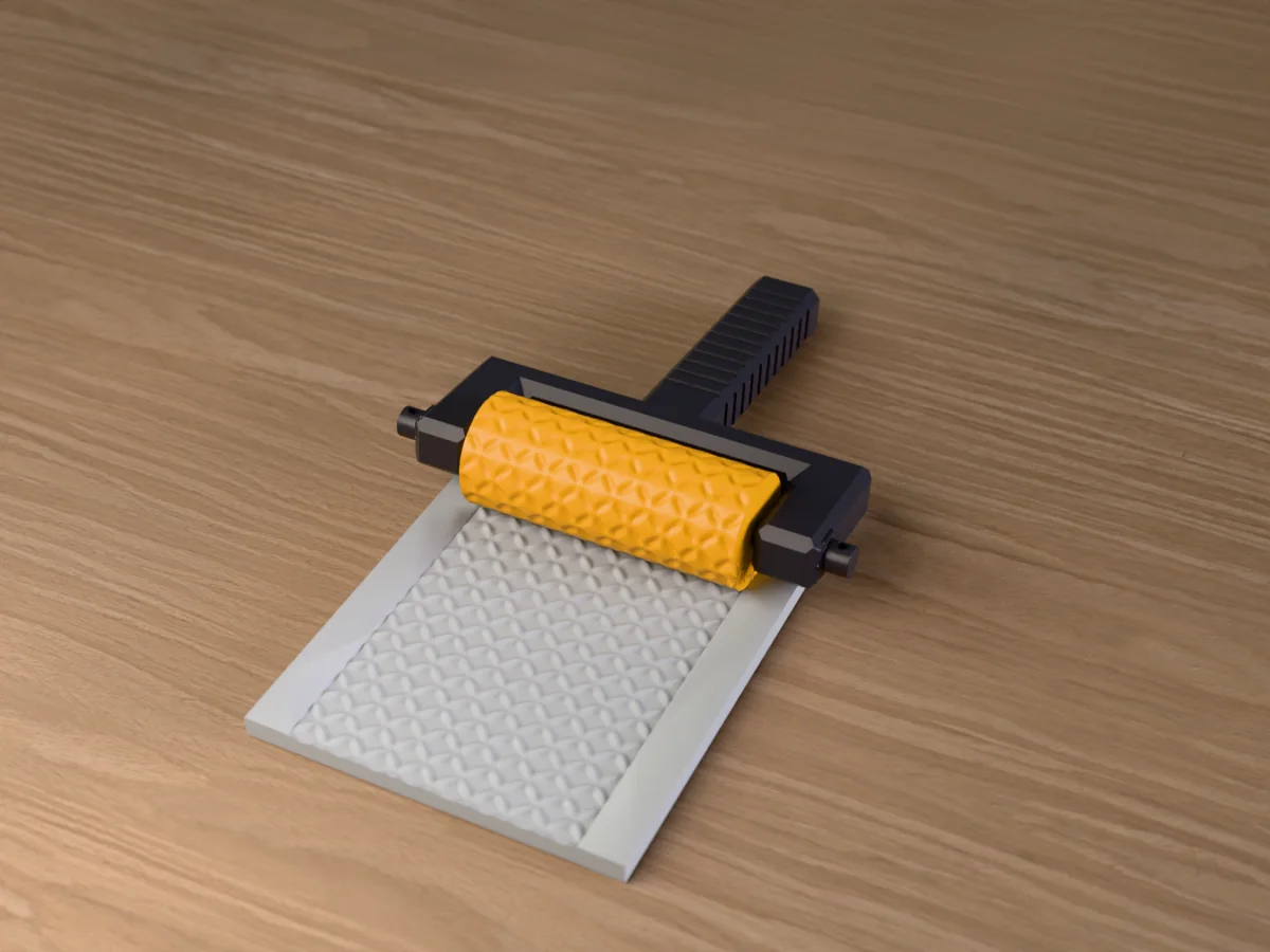 3D render of the printed diamond plate texture roller in its dark fork handle, resting on a slab of clay it has pressed with diamond tread plate