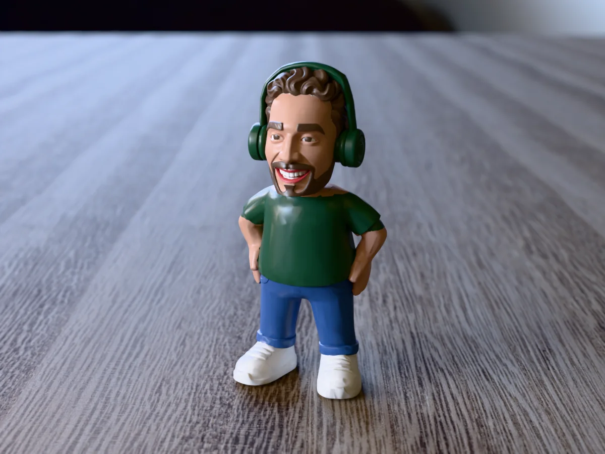 3D render of a 3D-printed dj mini figure with headphones, a cartoon head made with the head generator