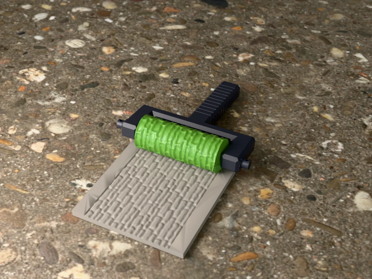 3D render of the printed dry stone wall texture roller in its dark fork handle, resting on a slab of clay it has pressed with a dry stone wall