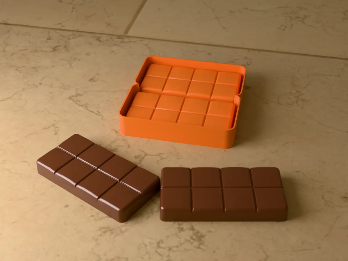 3D render of the printed caster for a two-bar silicone Dubai chocolate bar mold, with two thick segmented chocolate bars in front