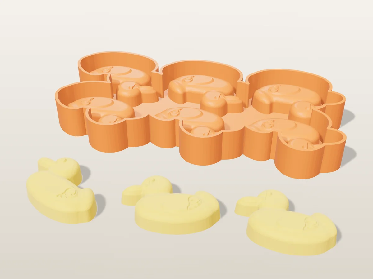 3D render of the printed caster for a six-duck silicone wax melt tray, with three yellow rubber duck wax melts in front