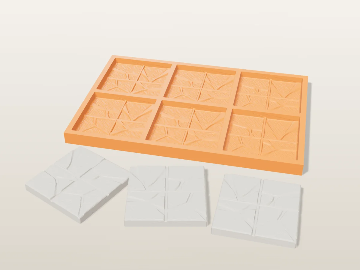 3D render of a printed orange tray with six square flagstone tile cavities, and three white plaster dungeon floor tiles in front