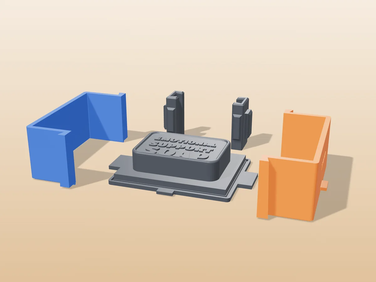 3D render of the emotional support soap master fused on its printed charcoal base, between the orange and blue walls, with the charcoal clamps behind
