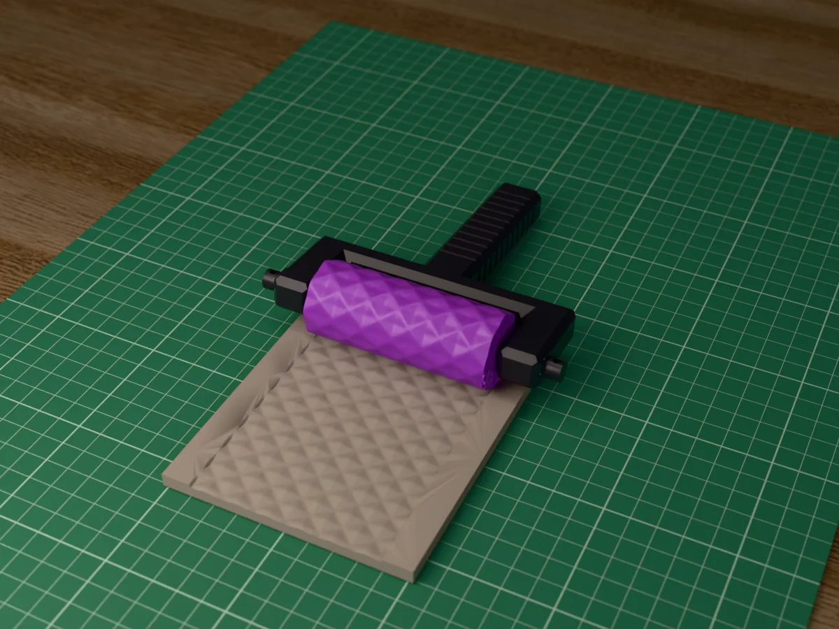3D render of the printed faceted diamond texture roller in its dark fork handle, resting on a slab of clay it has pressed with faceted diamonds