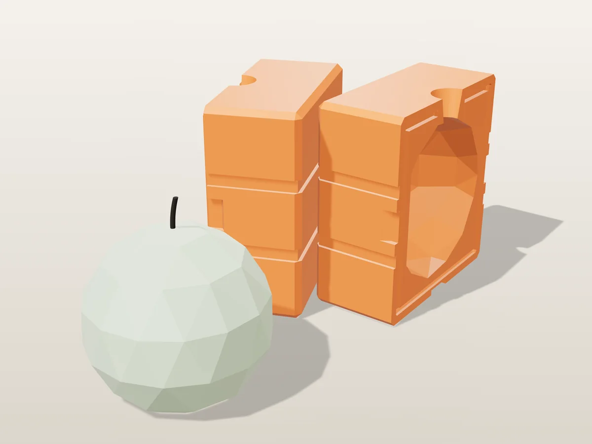 3D render of a sage green faceted gem candle in front of the two printed halves of its rigid orange and grey mold