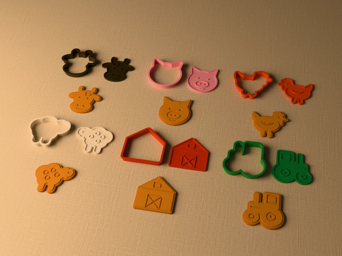 3D render of six 3D-printed farm animal cookie cutters with their stamps and a golden stamped cookie in front of each: cow, pig, hen, sheep, barn and tractor