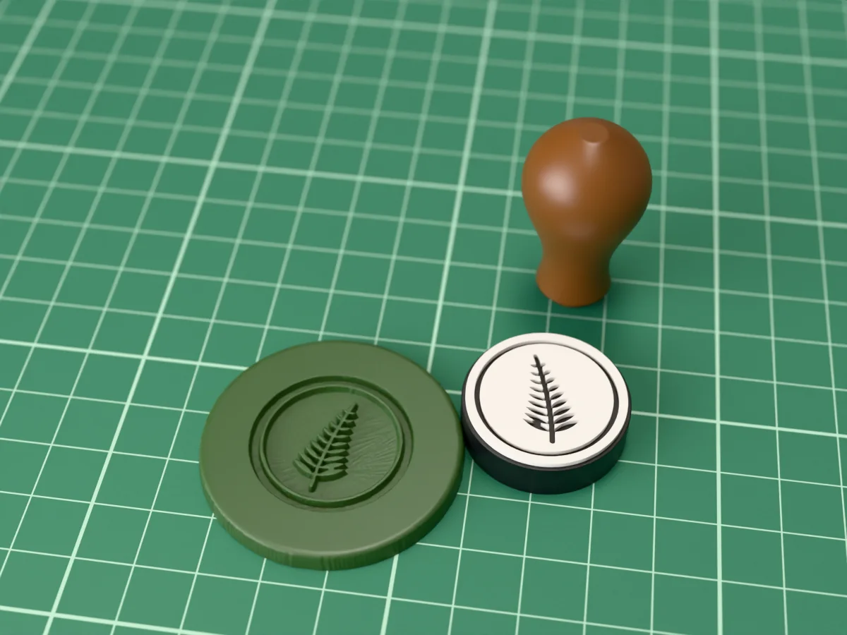 3D render of the printed fern wax seal stamp, face up next to its brown handle, and a round wax seal it has pressed