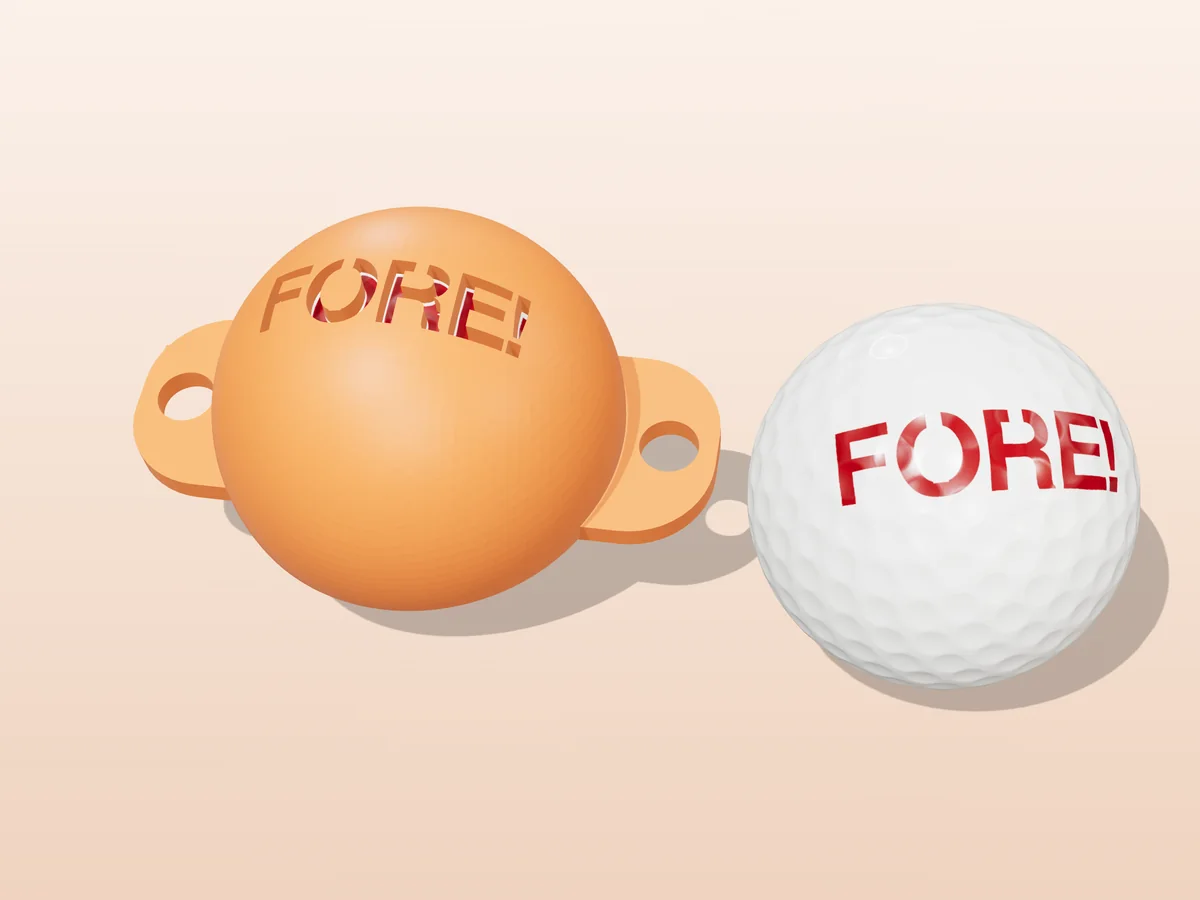 3D render of an orange 3D-printed golf ball stencil with FORE! cut through it, sitting on a golf ball, next to a ball marked with FORE! in red