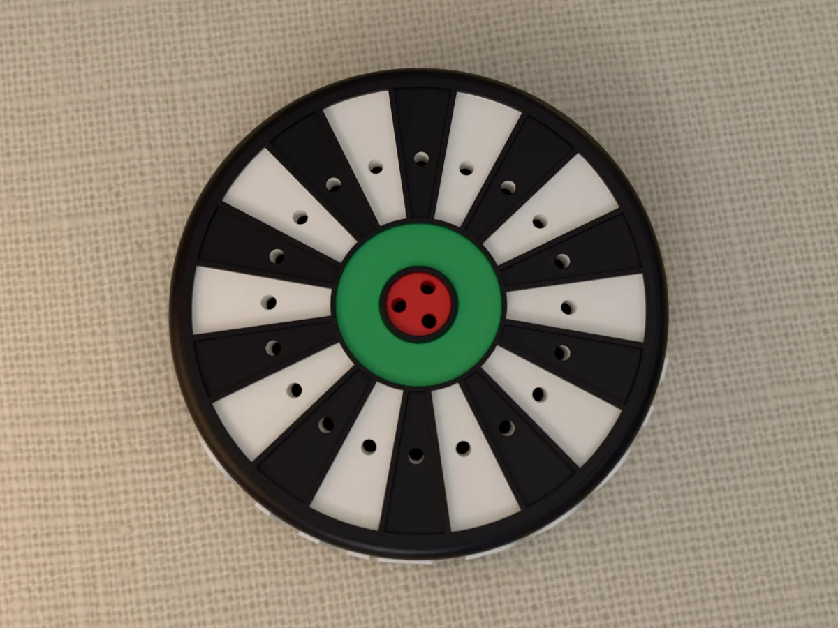 3D render of the GAME ROOM dart holder from straight above: the black and white dartboard face with a hole in every wedge, the green ring and the red bullseye with its three holes