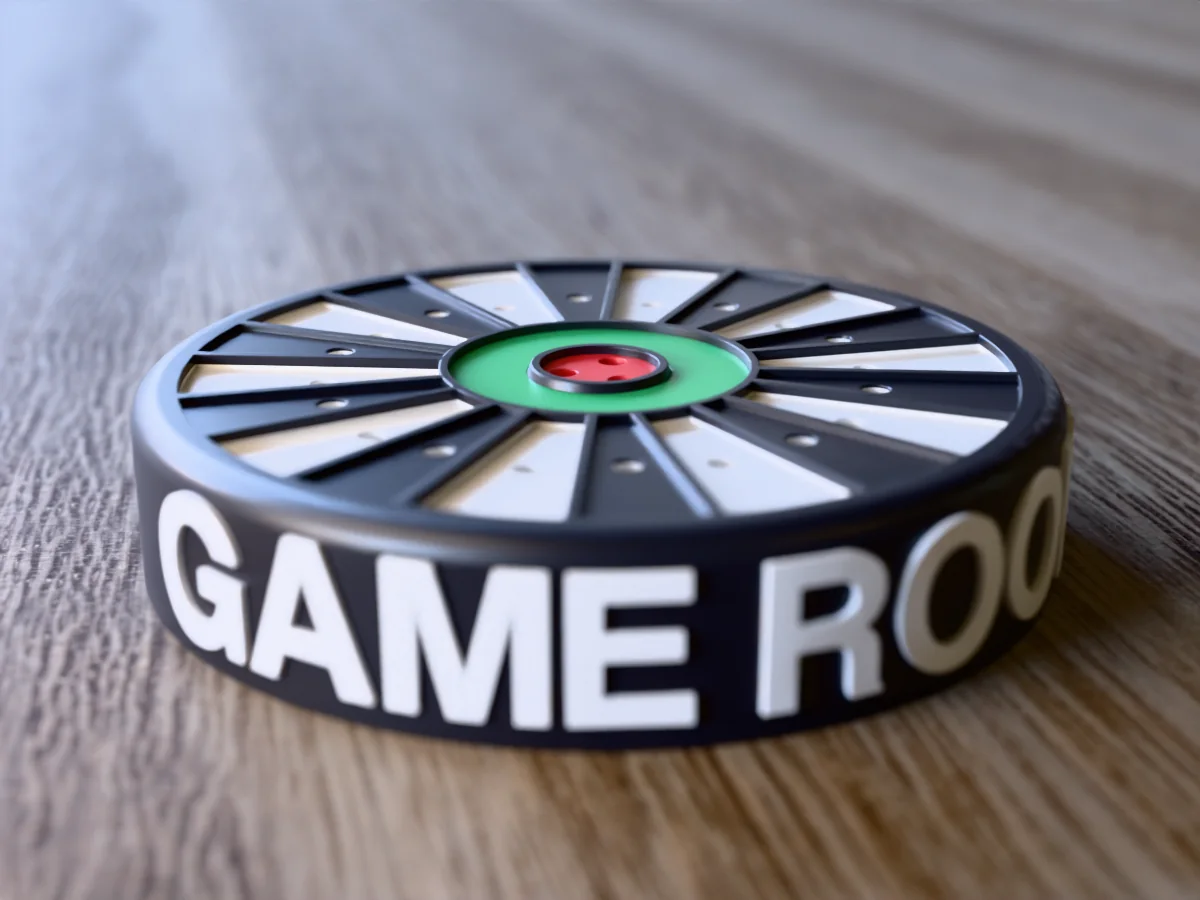 3D render, close view of the empty GAME ROOM dart holder, the name in raised white letters round the side of the black case