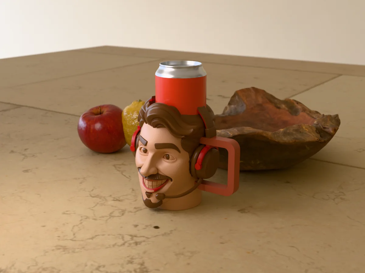 3D render of a 3D-printed head can holder of a grinning gamer in a red and black headset with a mic, painted in 6 colours, on a table