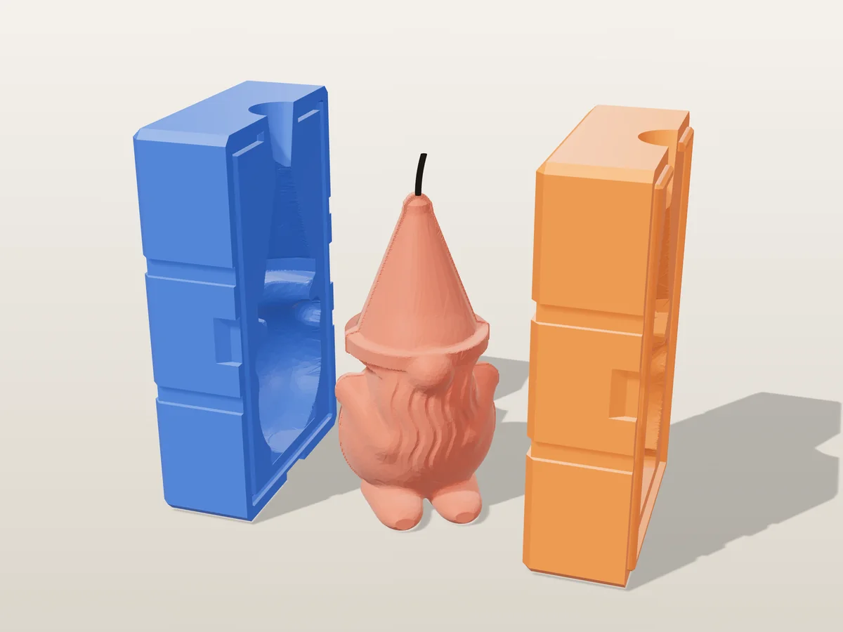 3D render of a red garden gnome candle with a pointy hat, big nose and long beard between the two printed halves of its rigid blue and orange mold