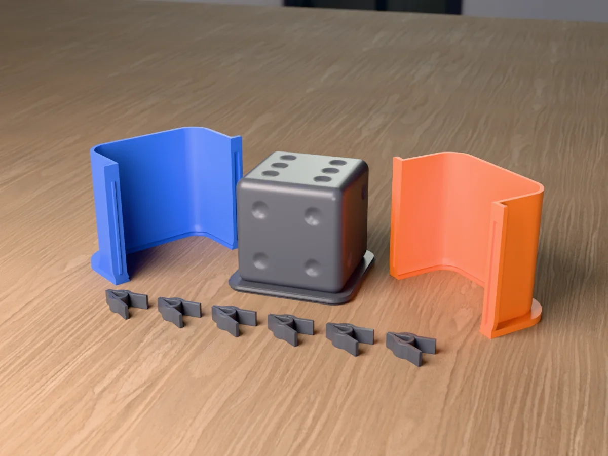 3D render of the giant dice master with round pips fused on its printed charcoal base, between the orange and blue hugging shell halves
