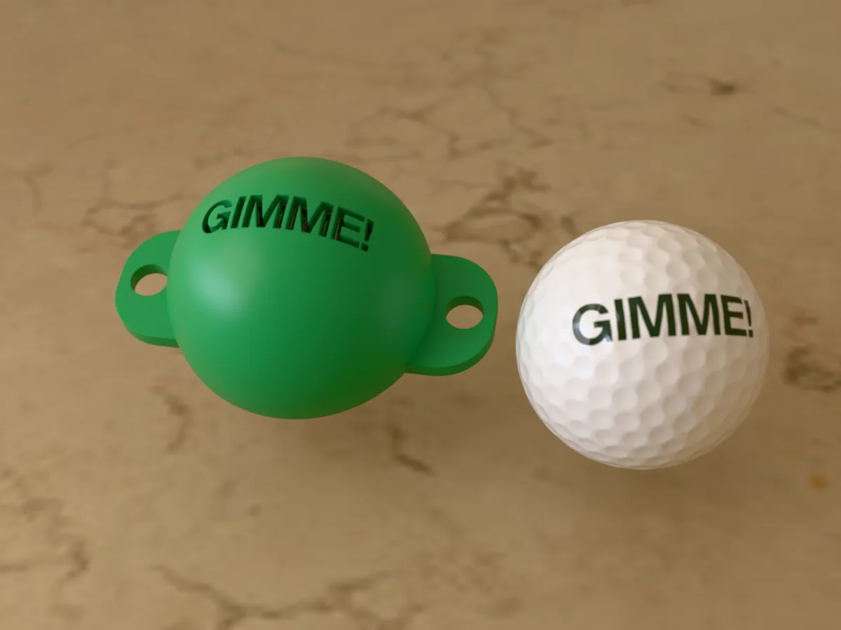 3D render of a green 3D-printed golf ball stencil with GIMME! cut through it, sitting on a golf ball, next to a ball marked with GIMME! in green