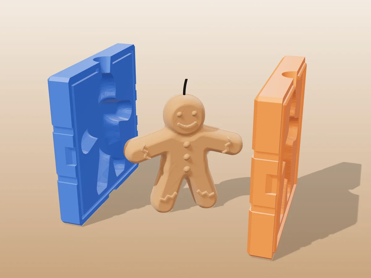 3D render of a brown gingerbread man candle with raised icing between the two printed halves of its rigid blue and orange mold