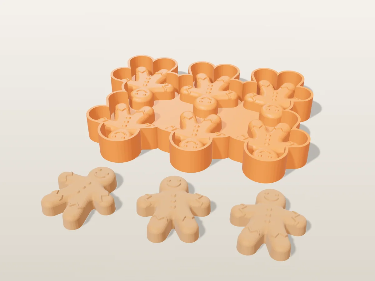 3D render of the printed caster for a six-cavity silicone gingerbread man wax melt tray, with three brown gingerbread man wax melts in front