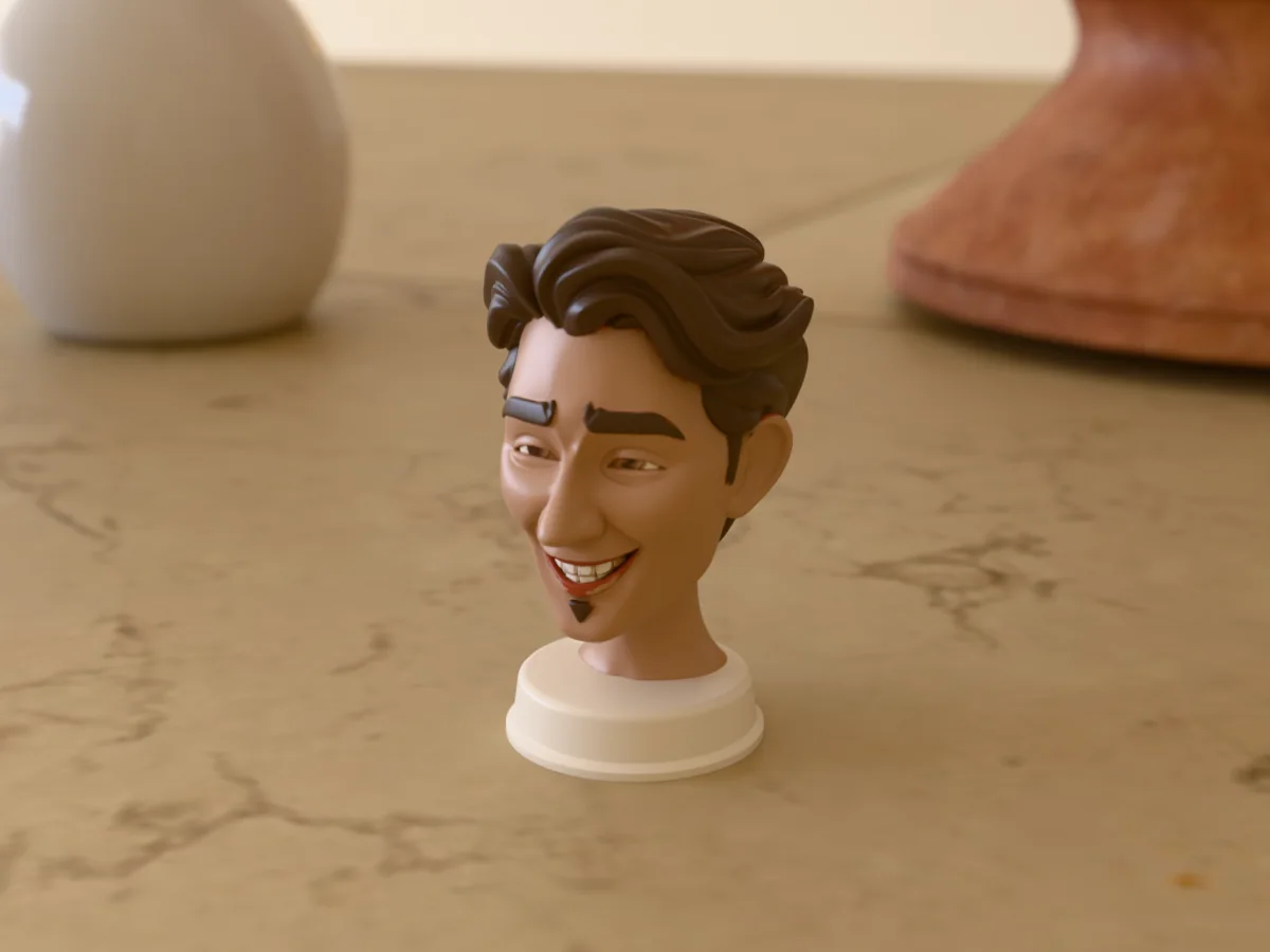 3D render of a 3D-printed bust of a guy with swept-back brown hair and a goatee, painted in 6 colours, on a table