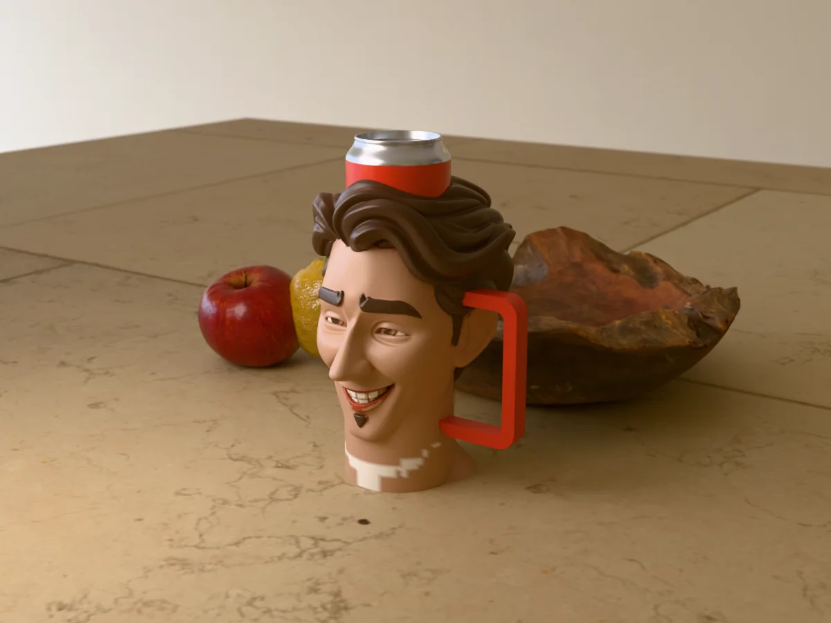 3D render of a 3D-printed head can holder of a guy with swept-back brown hair and a goatee, painted in 6 colours, on a table