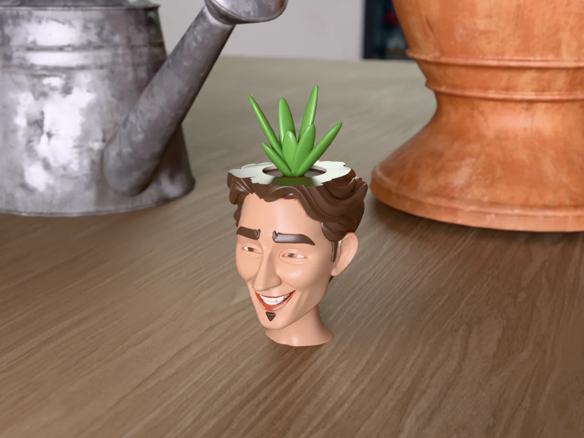 3D render of a 3D-printed head planter of a guy with swept-back brown hair and a goatee, painted in 6 colours, on a table