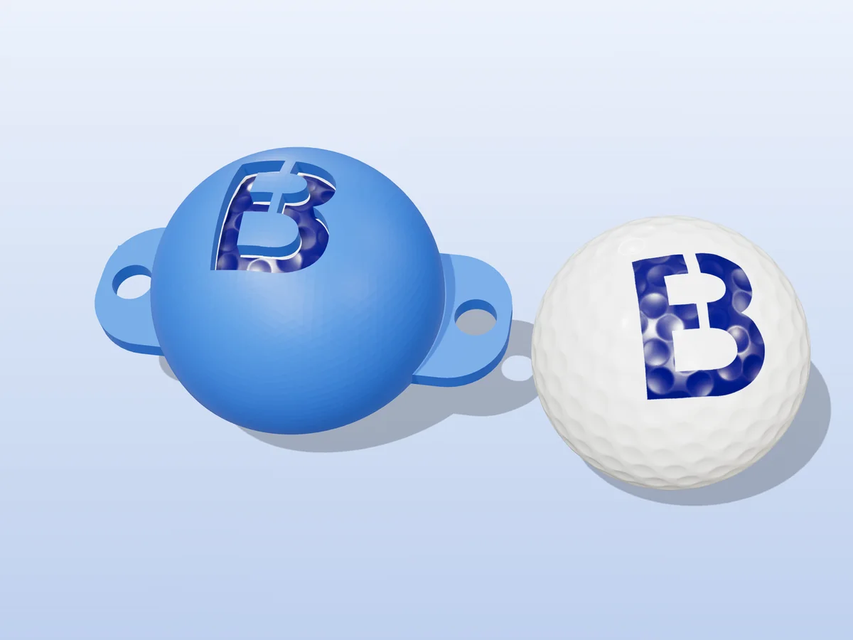 3D render of a blue 3D-printed golf ball stencil with the letter B cut through it, sitting on a golf ball, next to a ball marked with a blue B