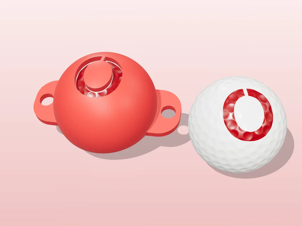 3D render of a red 3D-printed golf ball stencil with the letter O cut through it, sitting on a golf ball, next to a ball marked with a red O